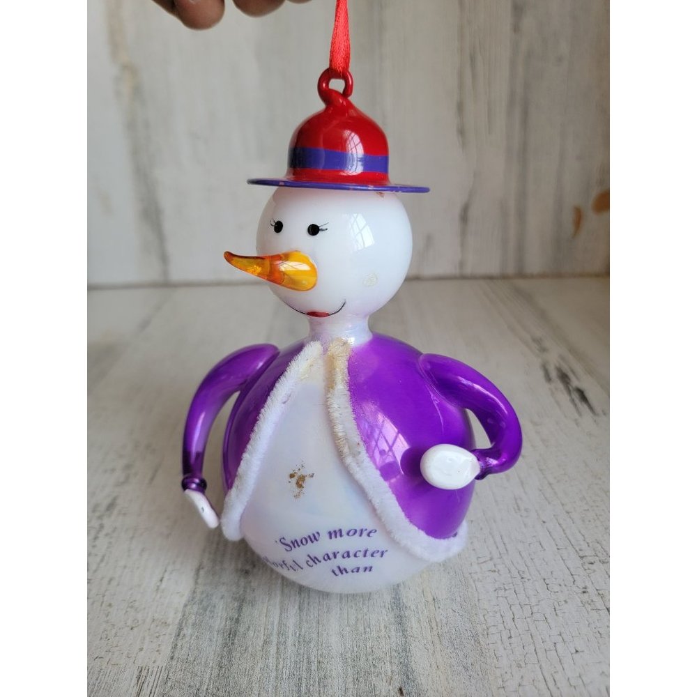 Red Hat Society AS IS glass snowman purple coat ornament Xmas
